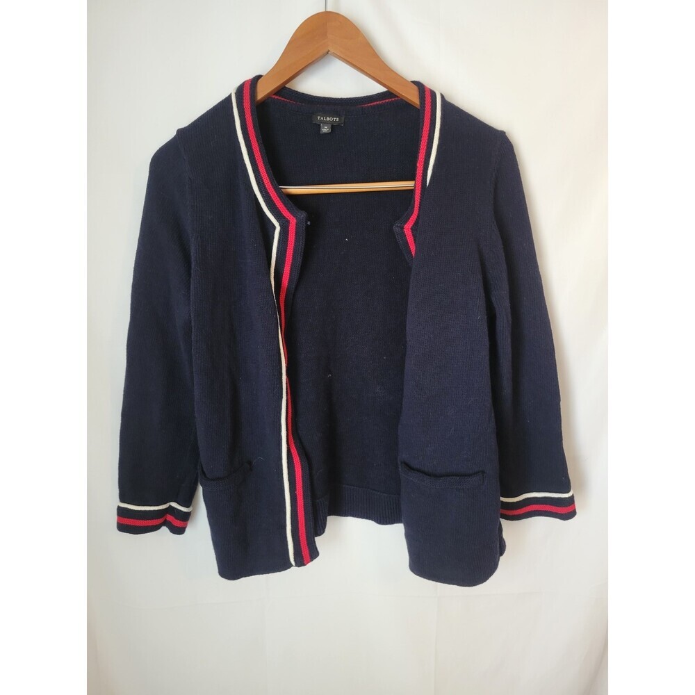 Talbots Women's M‎ Navy Blue Open Front Cardigan Sweater Red White Stripe Trim